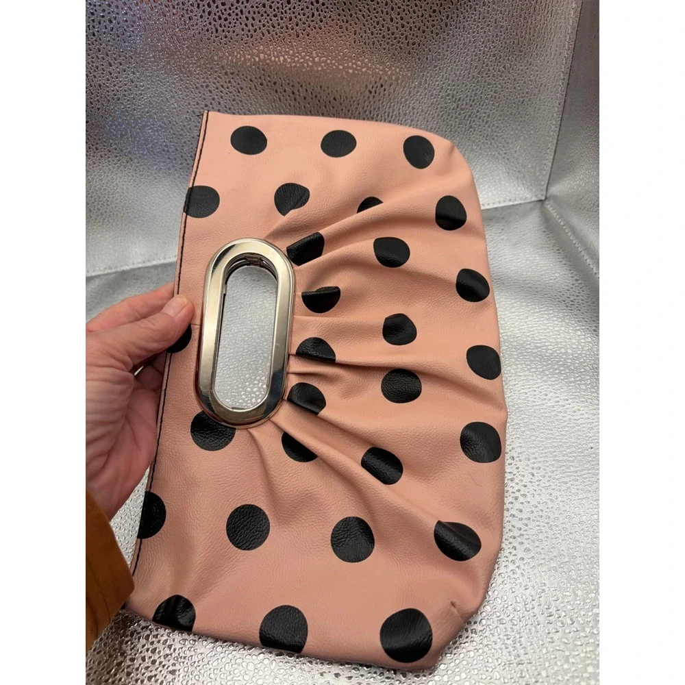 Pink Polka Dot Clutch‎ Bag Silver Metal Handle Pleated Faux Leather Handbag